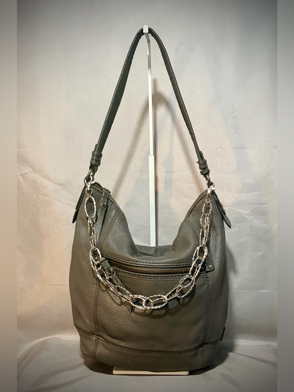 The Sak Sequoia Soft Pebbled Leather Hobo Bag in Slate Grey w/ Custom Bag Chain
